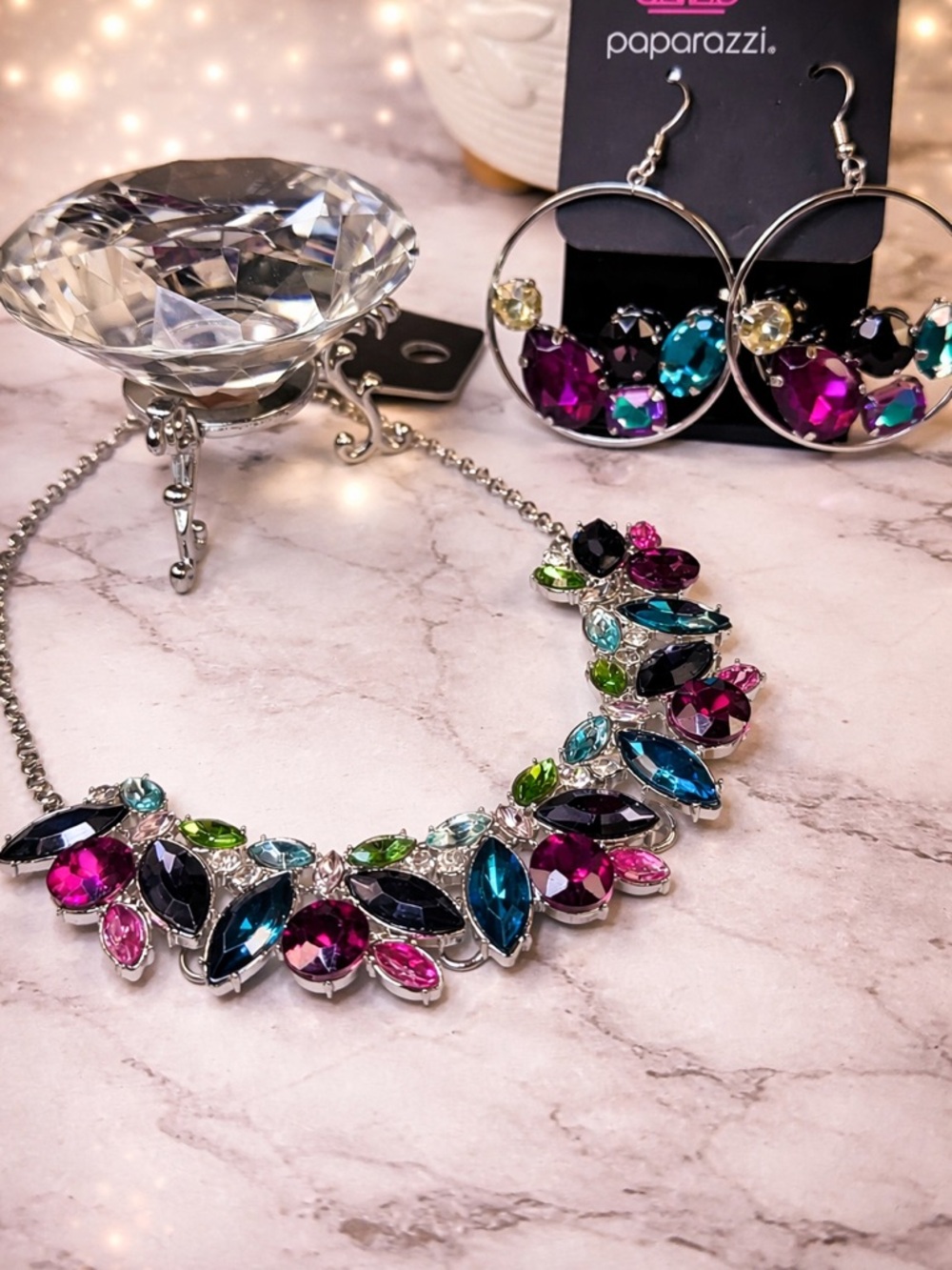 paparazzi Multicolor Crystal Bib Necklace with Matching Hoop Earrings